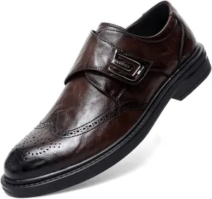 Dress Oxford for Men Slip On Monk Strap Burnished Toe Brogue Embossed Vegan Leather Non Slip Rubber Sole Low Top Working (Color : Brown, Size : 8.5)