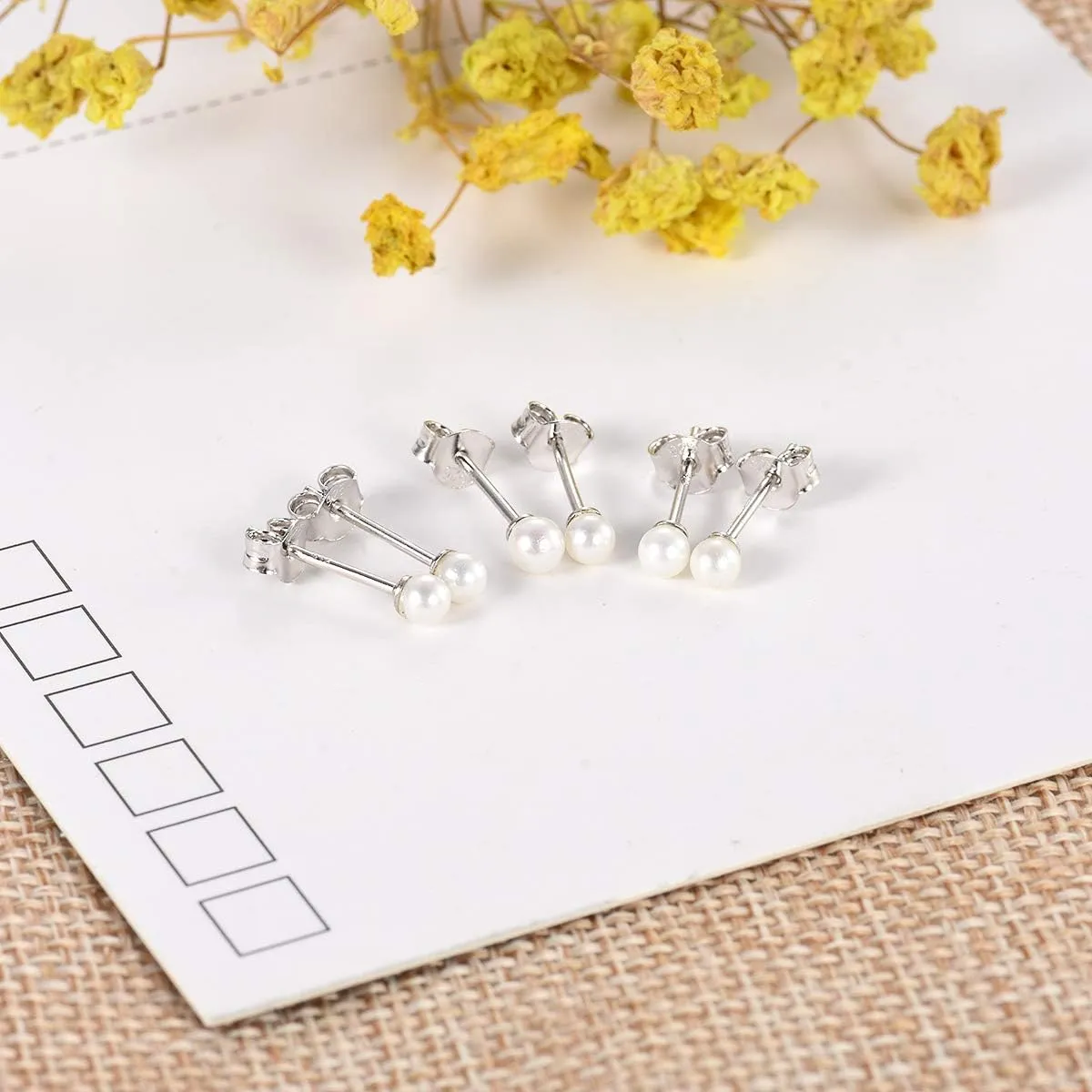 EPIRORA Sterling Silver Stud Earrings for Women Men- 3 Pairs 3mm Tiny Ball Stud Earrings Round CZ Earrings Pearl Earrings Set Cartilage Small Tragus Earrings