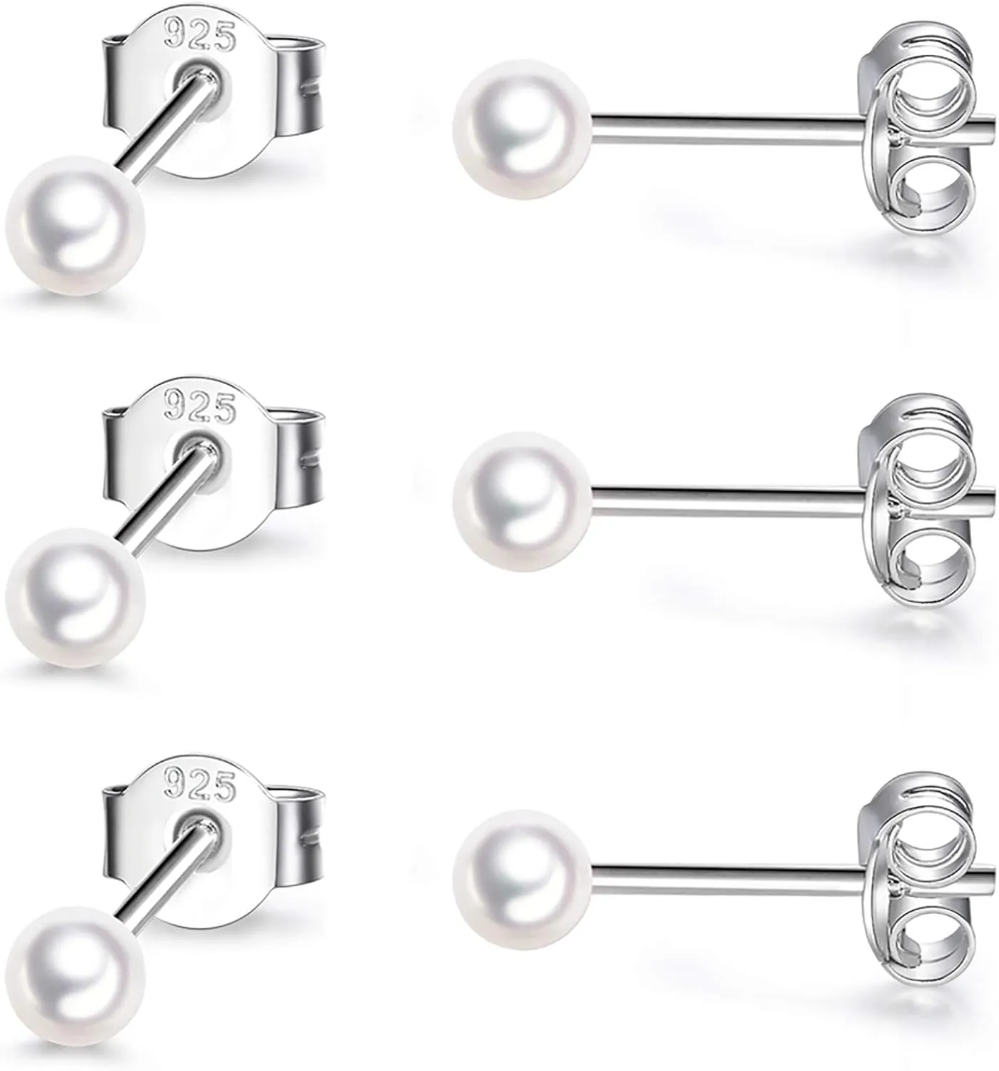 EPIRORA Sterling Silver Stud Earrings for Women Men- 3 Pairs 3mm Tiny Ball Stud Earrings Round CZ Earrings Pearl Earrings Set Cartilage Small Tragus Earrings