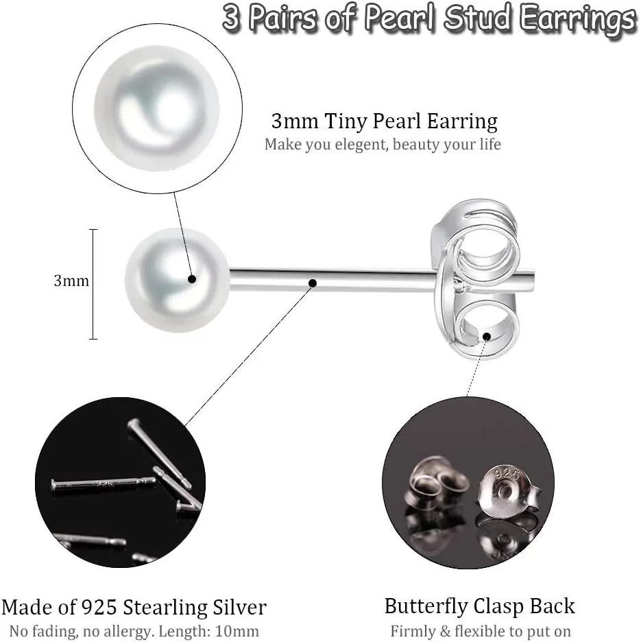 EPIRORA Sterling Silver Stud Earrings for Women Men- 3 Pairs 3mm Tiny Ball Stud Earrings Round CZ Earrings Pearl Earrings Set Cartilage Small Tragus Earrings