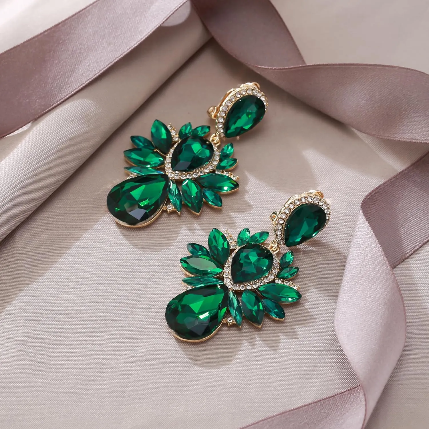 EVER FAITH Bridal Rhinestone Crystal Clip-on Dangle Earrings, Vintage Style Waterdrop Marquise Statement Drop Chandelier Earrings for Women