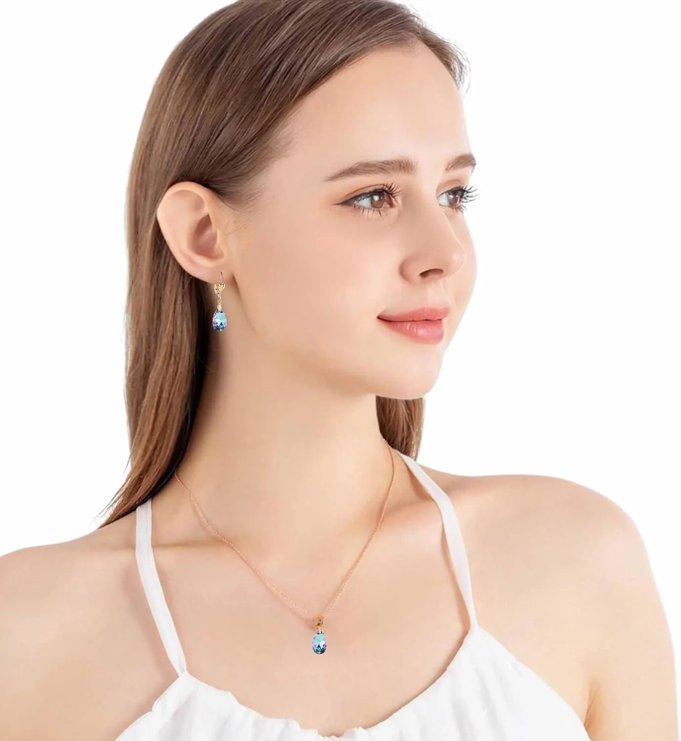 EVEVIC Austrian Crystals Teardrop Pendant Necklace Earrings for Women 14K Gold Plated Hypoallergenic Leverback Drop Dangle Earrings Jewelry Set