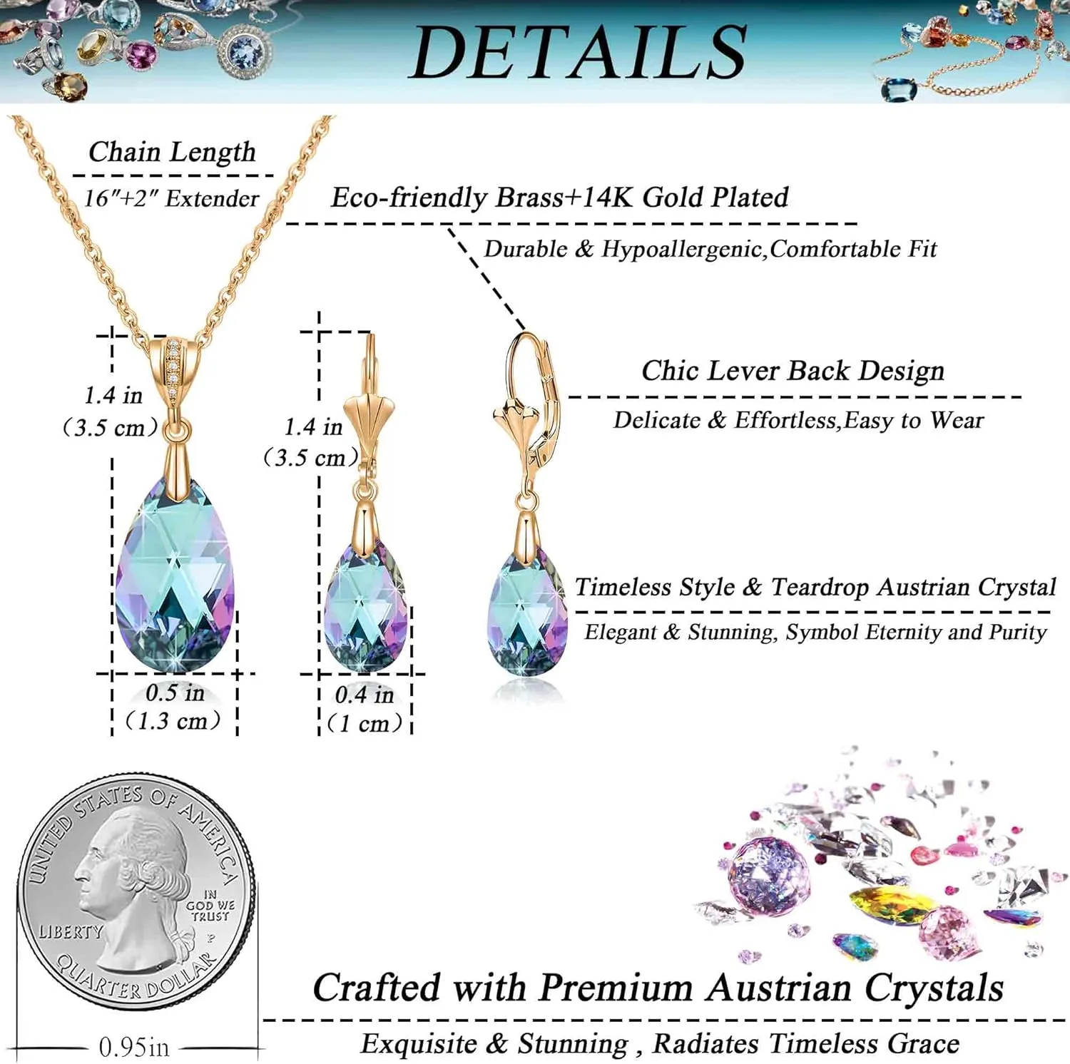 EVEVIC Austrian Crystals Teardrop Pendant Necklace Earrings for Women 14K Gold Plated Hypoallergenic Leverback Drop Dangle Earrings Jewelry Set