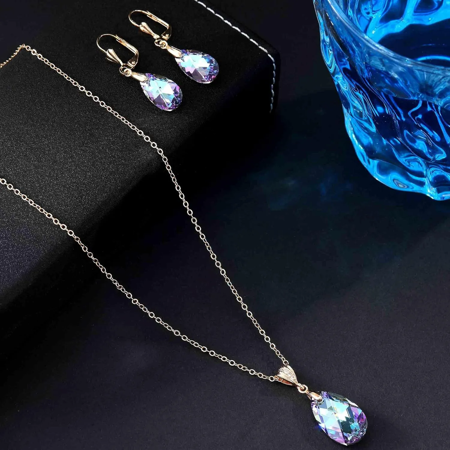 EVEVIC Austrian Crystals Teardrop Pendant Necklace Earrings for Women 14K Gold Plated Hypoallergenic Leverback Drop Dangle Earrings Jewelry Set