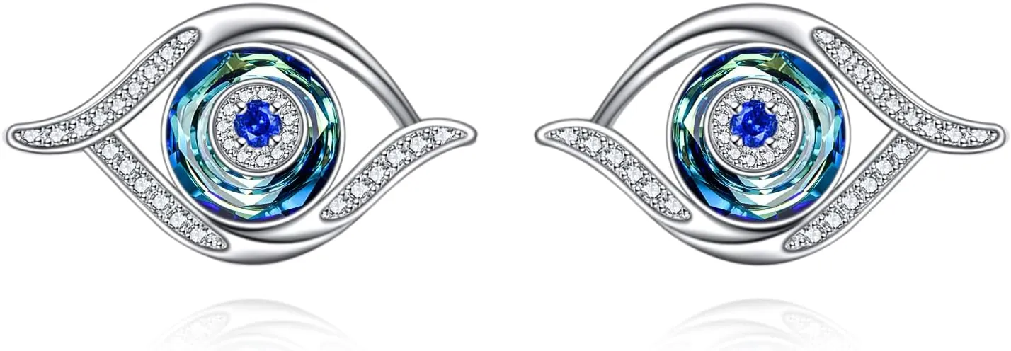 Evil Eye Earrings Sterling Silver Blue Eyes Stud Earrings with Blue Crystal Luck Amulet Protection Evil Eye Jewelry Gift for Women Teens Girls