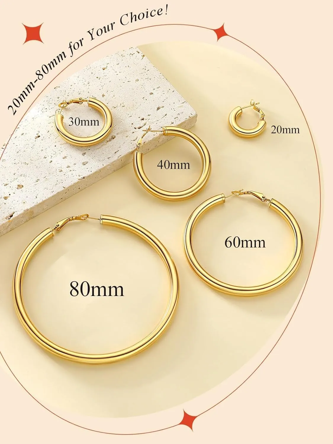 FaithHeart Chunky Hoop Earrings for Women, Silver/Black/14K Gold Plated Stainless Steel Earrings Hollow Tube Hoops Hypoallergenic Lightweight Earring 20/30/40/60/80mm