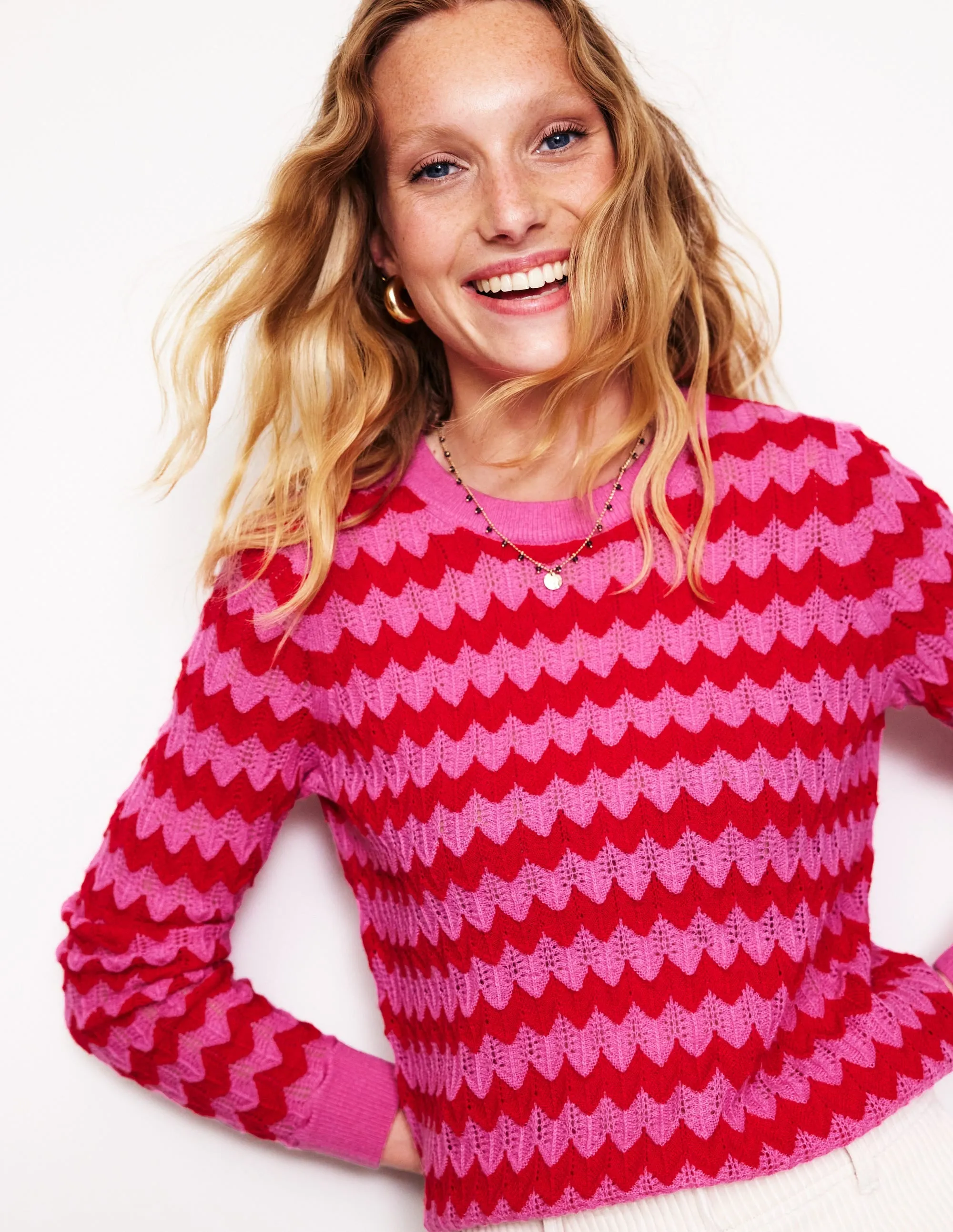 Fluffy Textured Stitch Jumper-Pink/ Red
