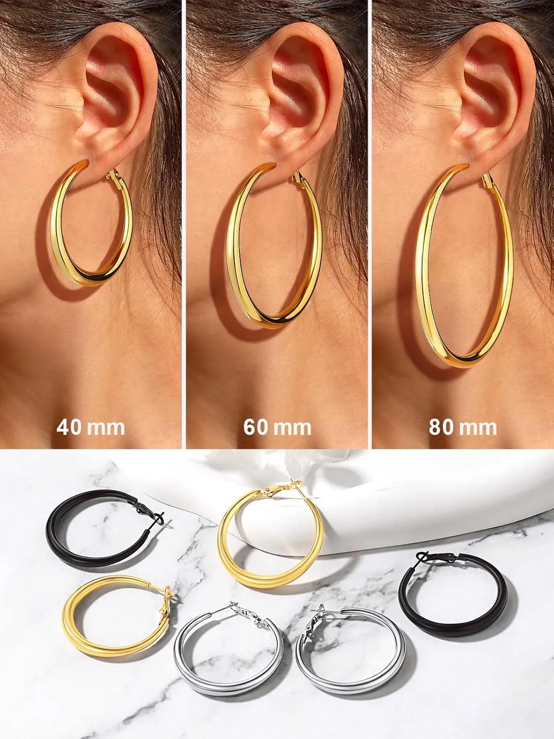 FOCALOOK Chunky Gold Hoops, Lightweight Large Thick Stainless Steel Black Hoop Earrings for Women 40/60/80mm