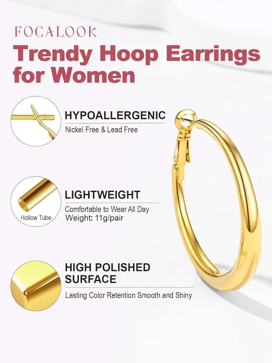 FOCALOOK Chunky Gold Hoops, Lightweight Large Thick Stainless Steel Black Hoop Earrings for Women 40/60/80mm