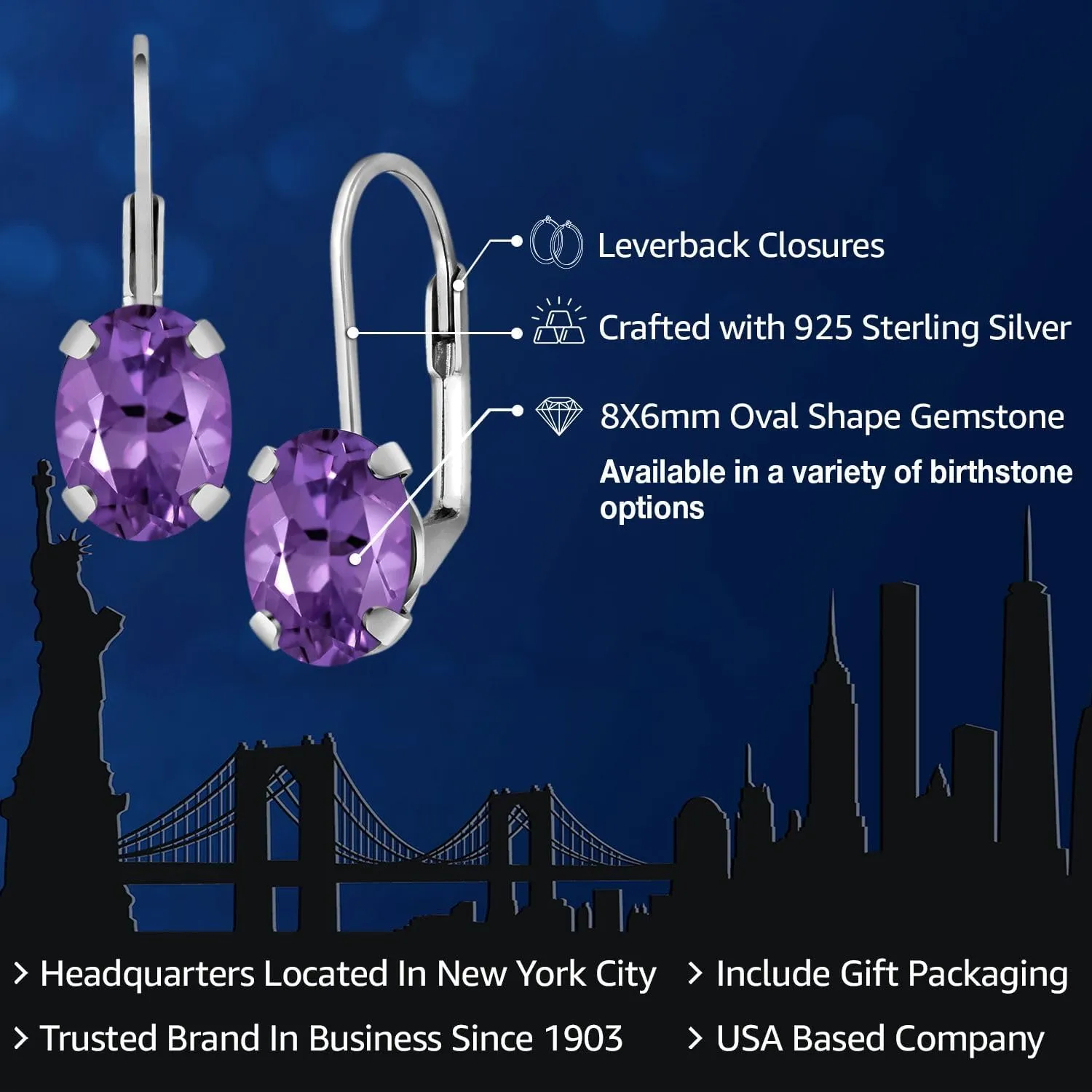Gem Stone King 8X6MM Oval Drop Dangle Earrings for Women | 925 Sterling Silver | Genuine Gemstone Birthstone Leverback Earrings | Fine Jewelry Gifts for Her Mom Women Wife