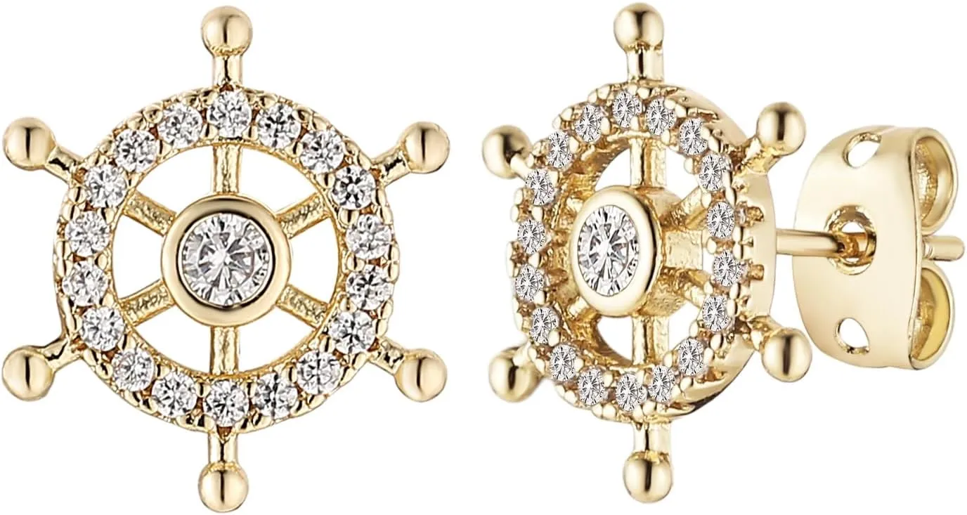 HZMAN Rudder Earring for Women Dainty 14K Gold Plated Cubic Zirconia Nautical Rudder Stud Earring Jewelry Gift
