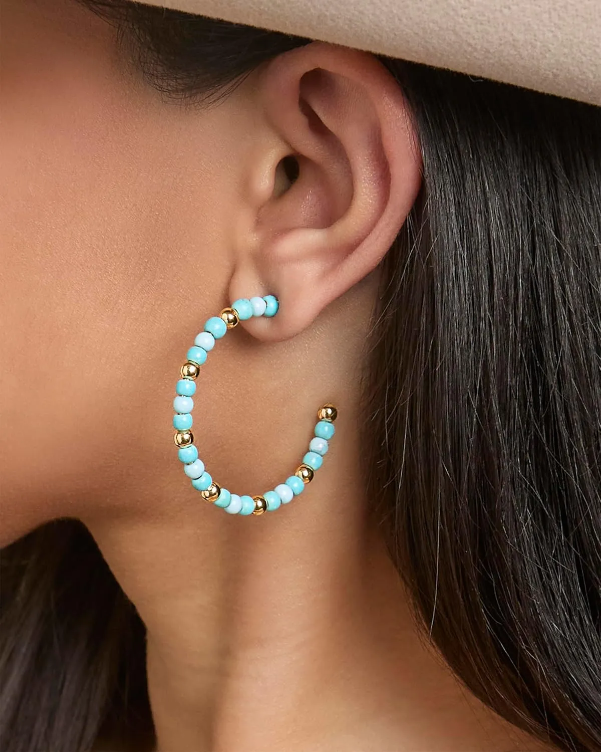 Jessica Simpson Womens Turquoise Bead Hoop Earrings - Gold-Tone or Silver-Tone Turquoise Hoop Earrings