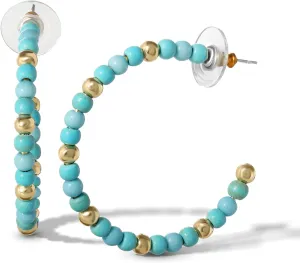 Jessica Simpson Womens Turquoise Bead Hoop Earrings - Gold-Tone or Silver-Tone Turquoise Hoop Earrings