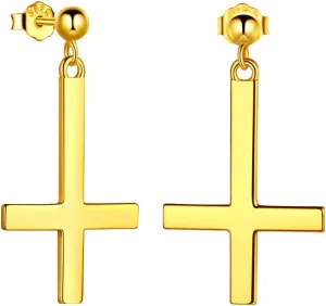 Mens Inverted Cross Earrings Solid 925 Sterling Silver Fine Jewelry Asymmetric Upside Down Cross Earrings St. Peter Satanic Earrings Piercing Clip On Earrings Gothic Jewelry Christmas Jewelry Gift Thanksgiving Day Women Girls