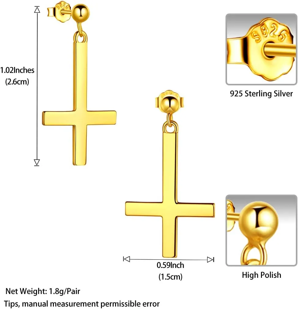 Mens Inverted Cross Earrings Solid 925 Sterling Silver Fine Jewelry Asymmetric Upside Down Cross Earrings St. Peter Satanic Earrings Piercing Clip On Earrings Gothic Jewelry Christmas Jewelry Gift Thanksgiving Day Women Girls