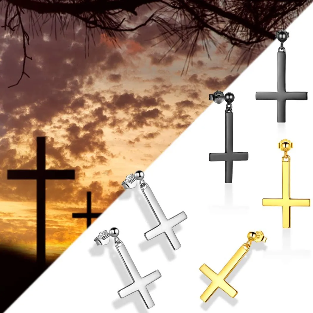 Mens Inverted Cross Earrings Solid 925 Sterling Silver Fine Jewelry Asymmetric Upside Down Cross Earrings St. Peter Satanic Earrings Piercing Clip On Earrings Gothic Jewelry Christmas Jewelry Gift Thanksgiving Day Women Girls