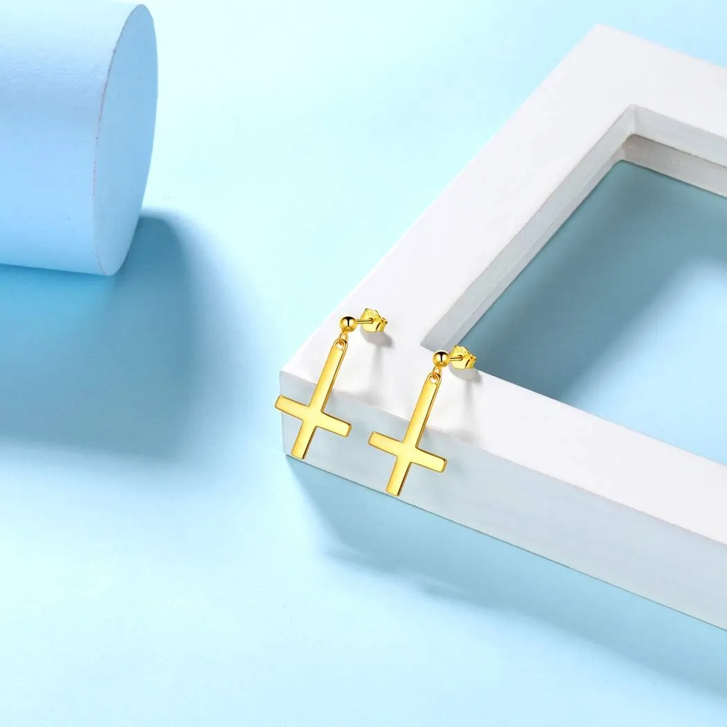Mens Inverted Cross Earrings Solid 925 Sterling Silver Fine Jewelry Asymmetric Upside Down Cross Earrings St. Peter Satanic Earrings Piercing Clip On Earrings Gothic Jewelry Christmas Jewelry Gift Thanksgiving Day Women Girls