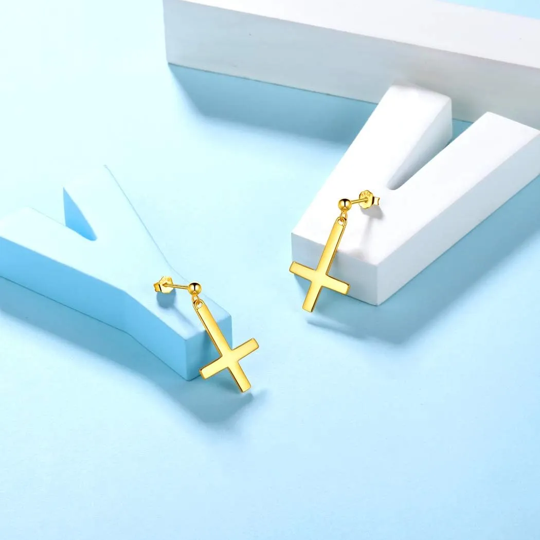 Mens Inverted Cross Earrings Solid 925 Sterling Silver Fine Jewelry Asymmetric Upside Down Cross Earrings St. Peter Satanic Earrings Piercing Clip On Earrings Gothic Jewelry Christmas Jewelry Gift Thanksgiving Day Women Girls