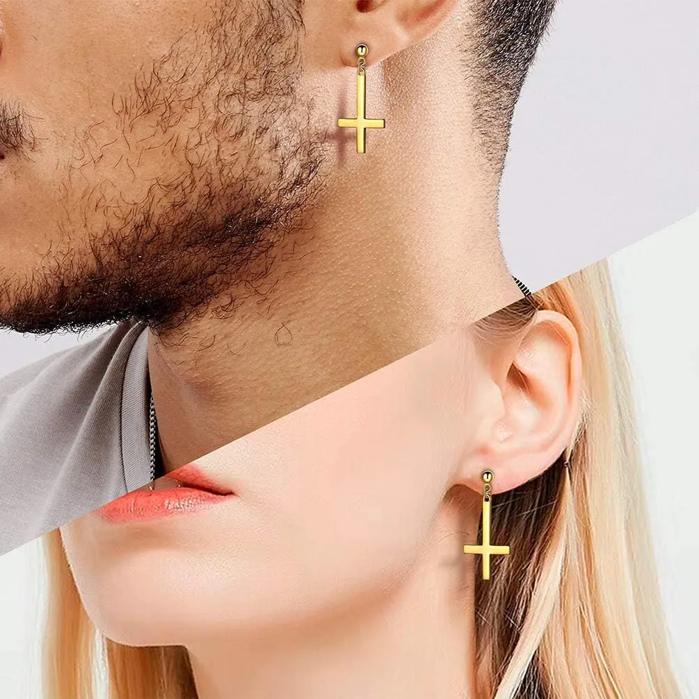 Mens Inverted Cross Earrings Solid 925 Sterling Silver Fine Jewelry Asymmetric Upside Down Cross Earrings St. Peter Satanic Earrings Piercing Clip On Earrings Gothic Jewelry Christmas Jewelry Gift Thanksgiving Day Women Girls