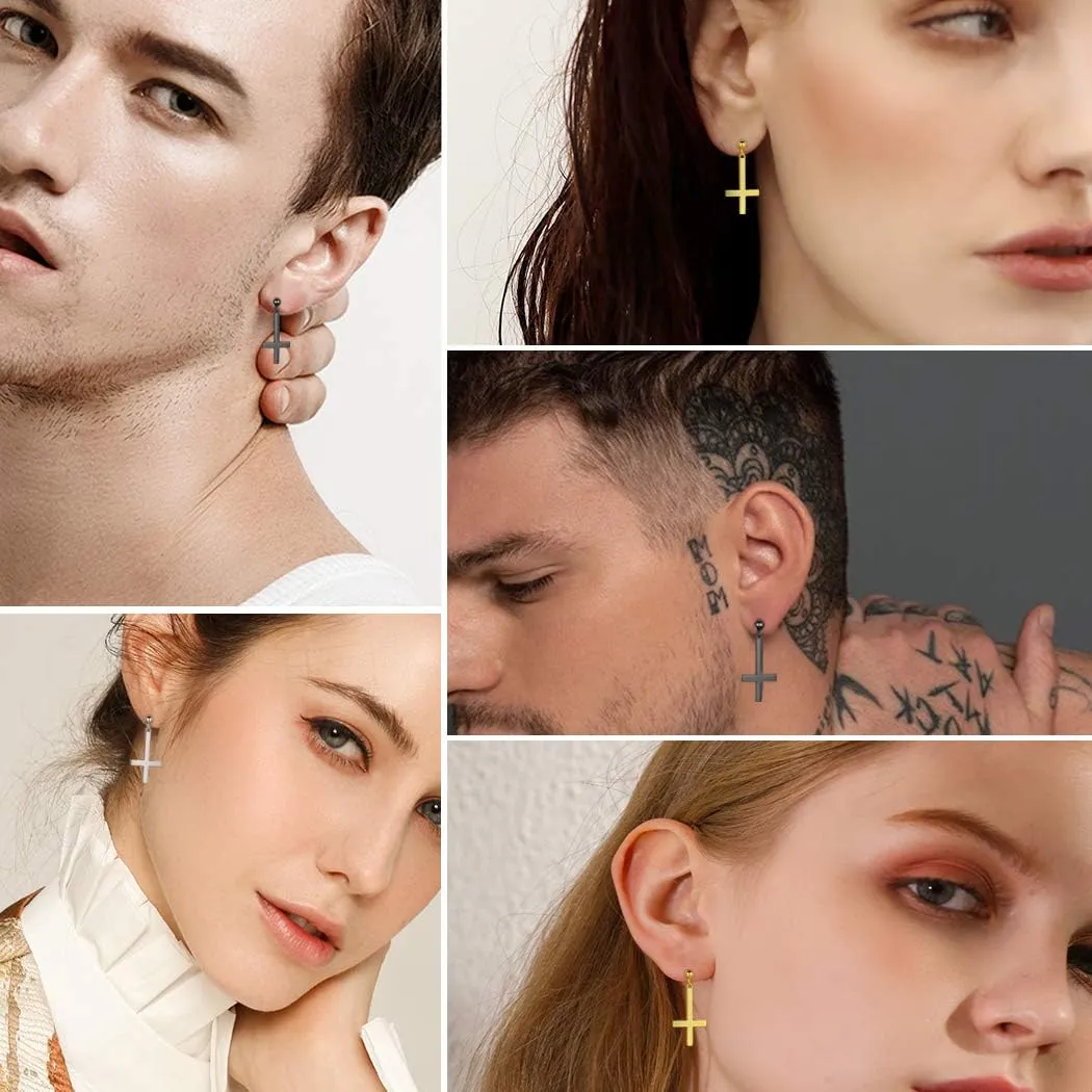 Mens Inverted Cross Earrings Solid 925 Sterling Silver Fine Jewelry Asymmetric Upside Down Cross Earrings St. Peter Satanic Earrings Piercing Clip On Earrings Gothic Jewelry Christmas Jewelry Gift Thanksgiving Day Women Girls