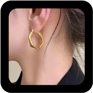 Minimalist Metal Gold Hoop Earrings Geometric Hexagon Hoop Earrings Hollow Geometric Earring Round Drop Ear Hoops Earring Jewelry for Women