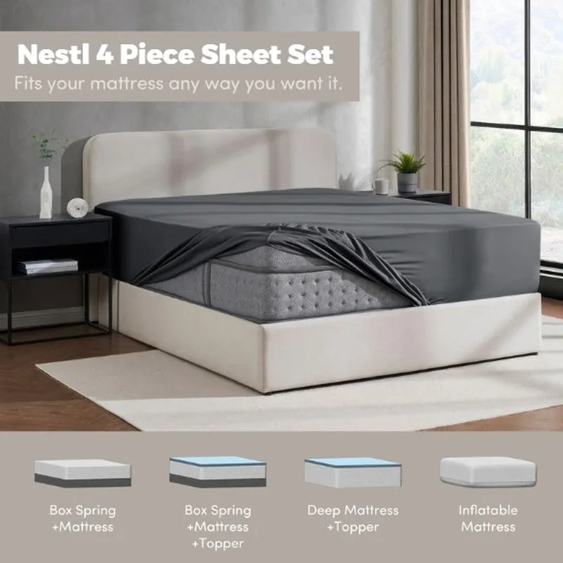 Nestl Bed Sheet Sets, 1800 Series Deep Pocket 4 Piece Bedding, Luxury Soft Microfiber Queen Sheet Sets, Gray