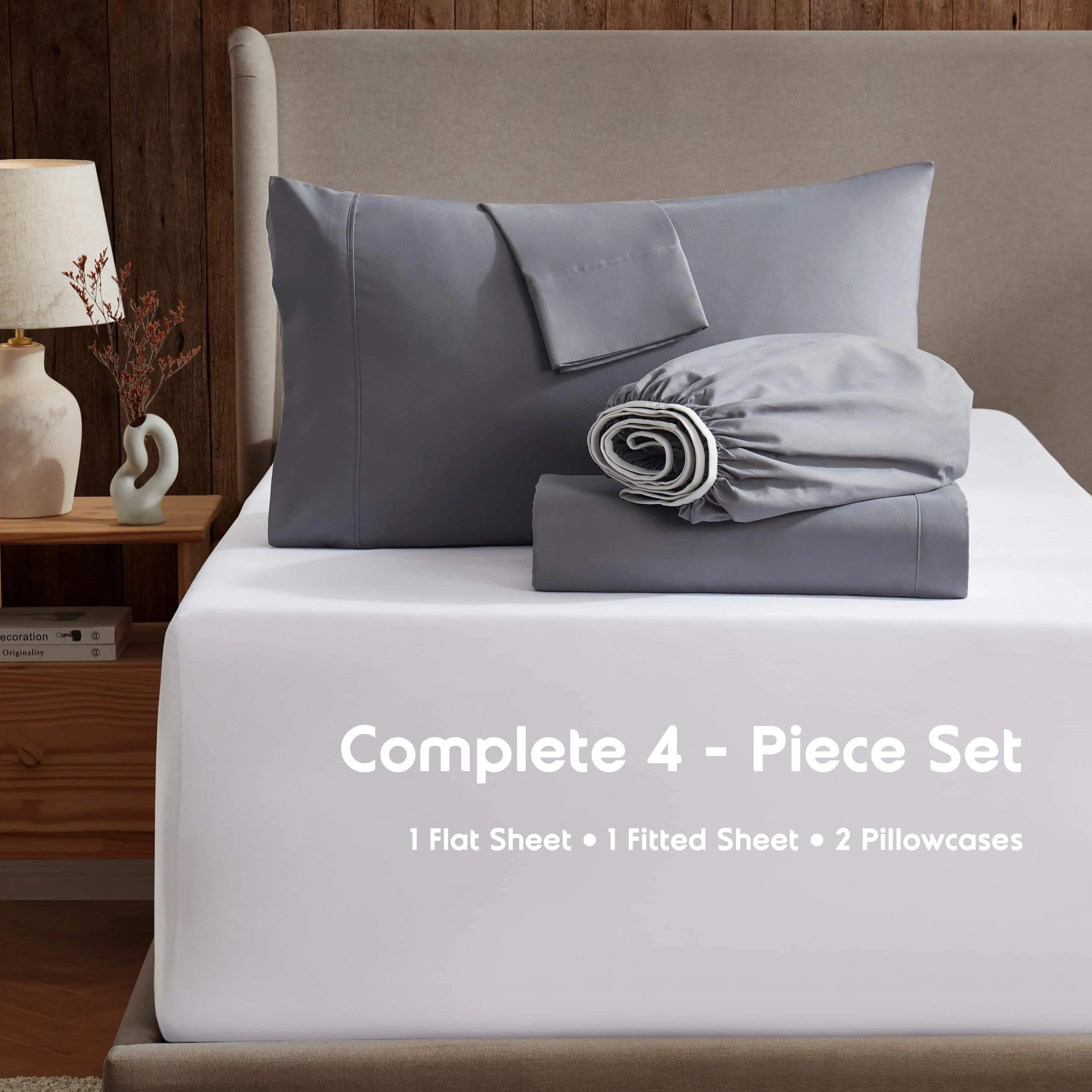Nestl Bed Sheet Sets, 1800 Series Deep Pocket 4 Piece Bedding, Luxury Soft Microfiber Queen Sheet Sets, Gray