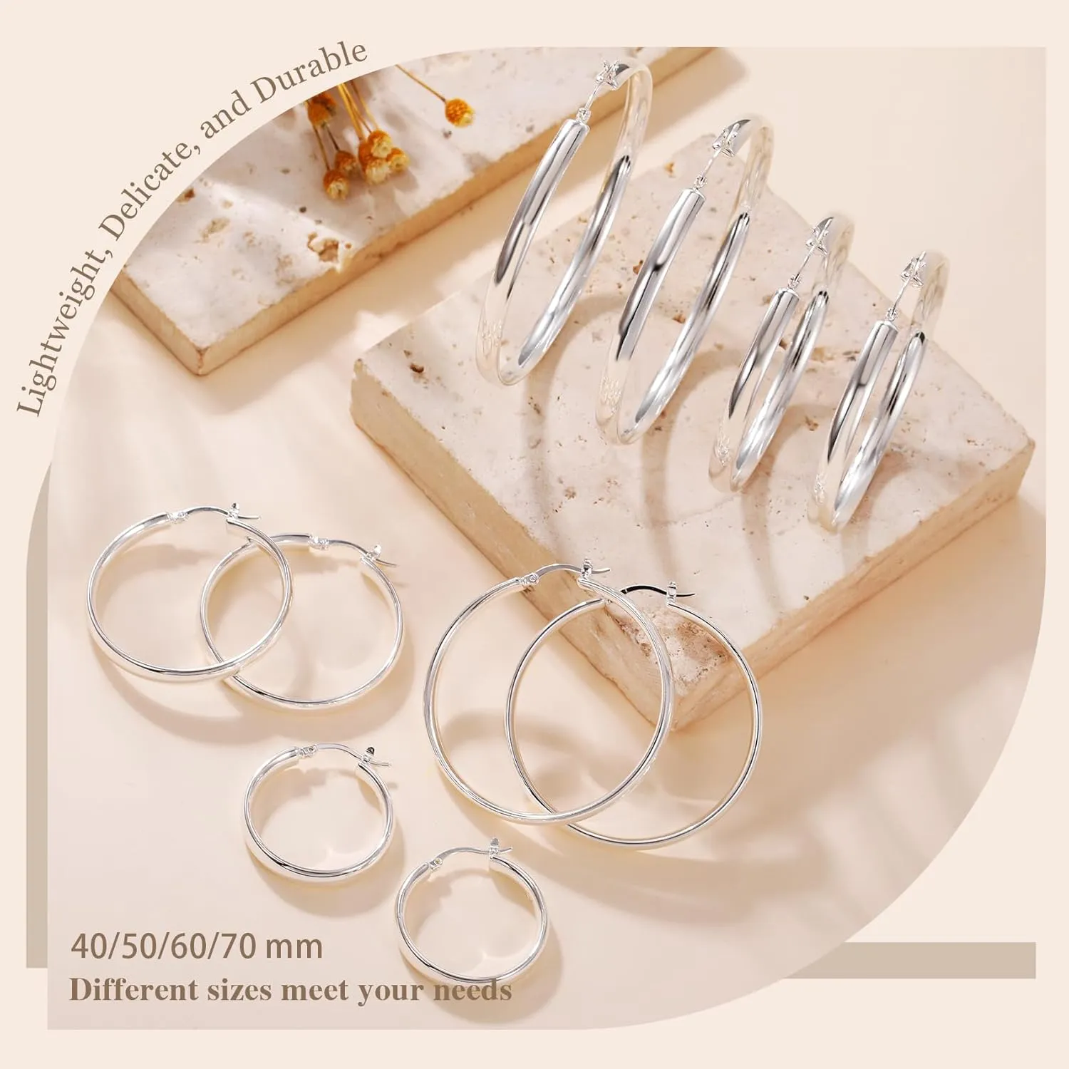 PABBEU 5MM Wide 925 Sterling Silver Hoop Earrings Hypoallergenic Large Silver hoop Earrings Oversize Lightweight Big Silver Hoops Earrings for Women 30/40/50/60/70mm