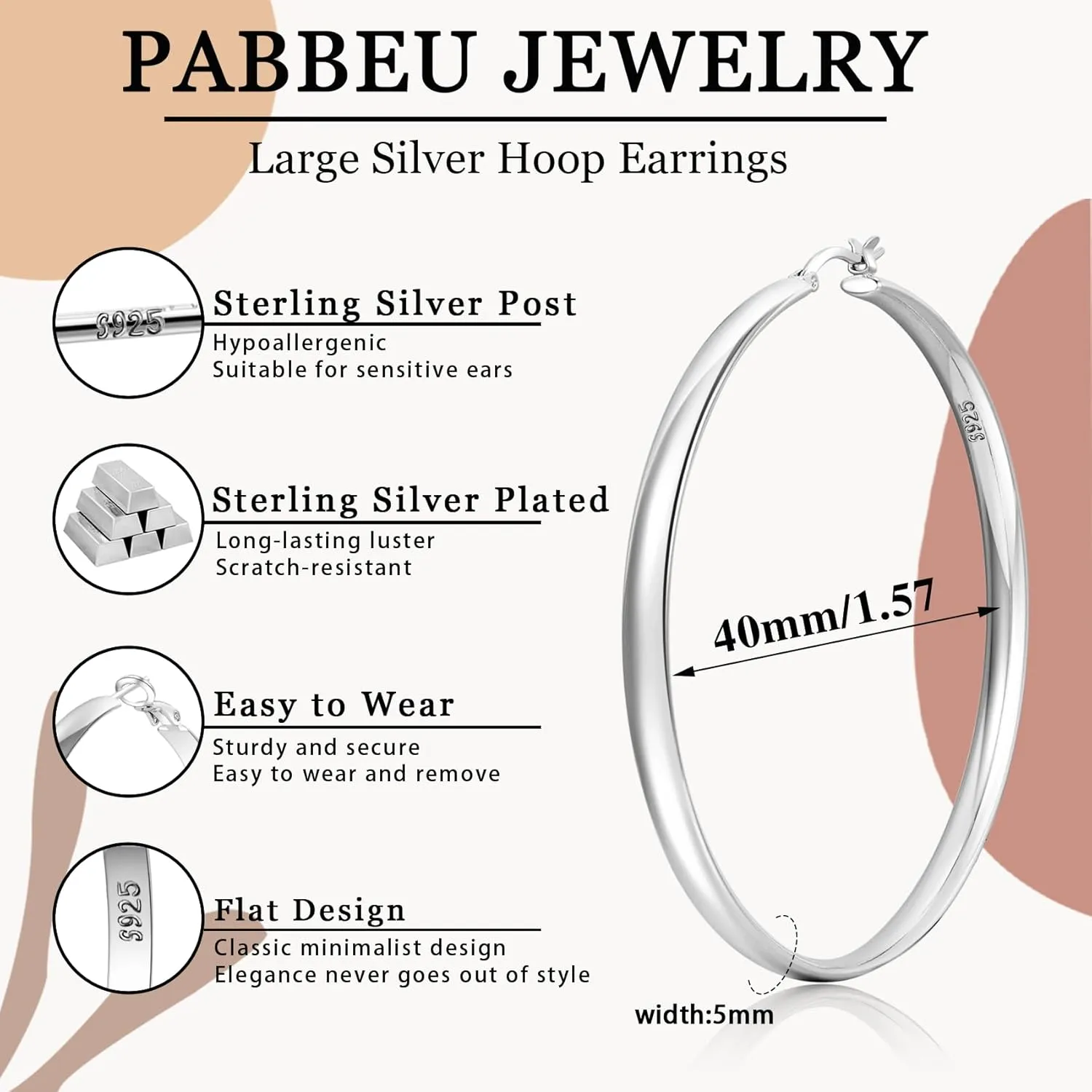 PABBEU 5MM Wide 925 Sterling Silver Hoop Earrings Hypoallergenic Large Silver hoop Earrings Oversize Lightweight Big Silver Hoops Earrings for Women 30/40/50/60/70mm