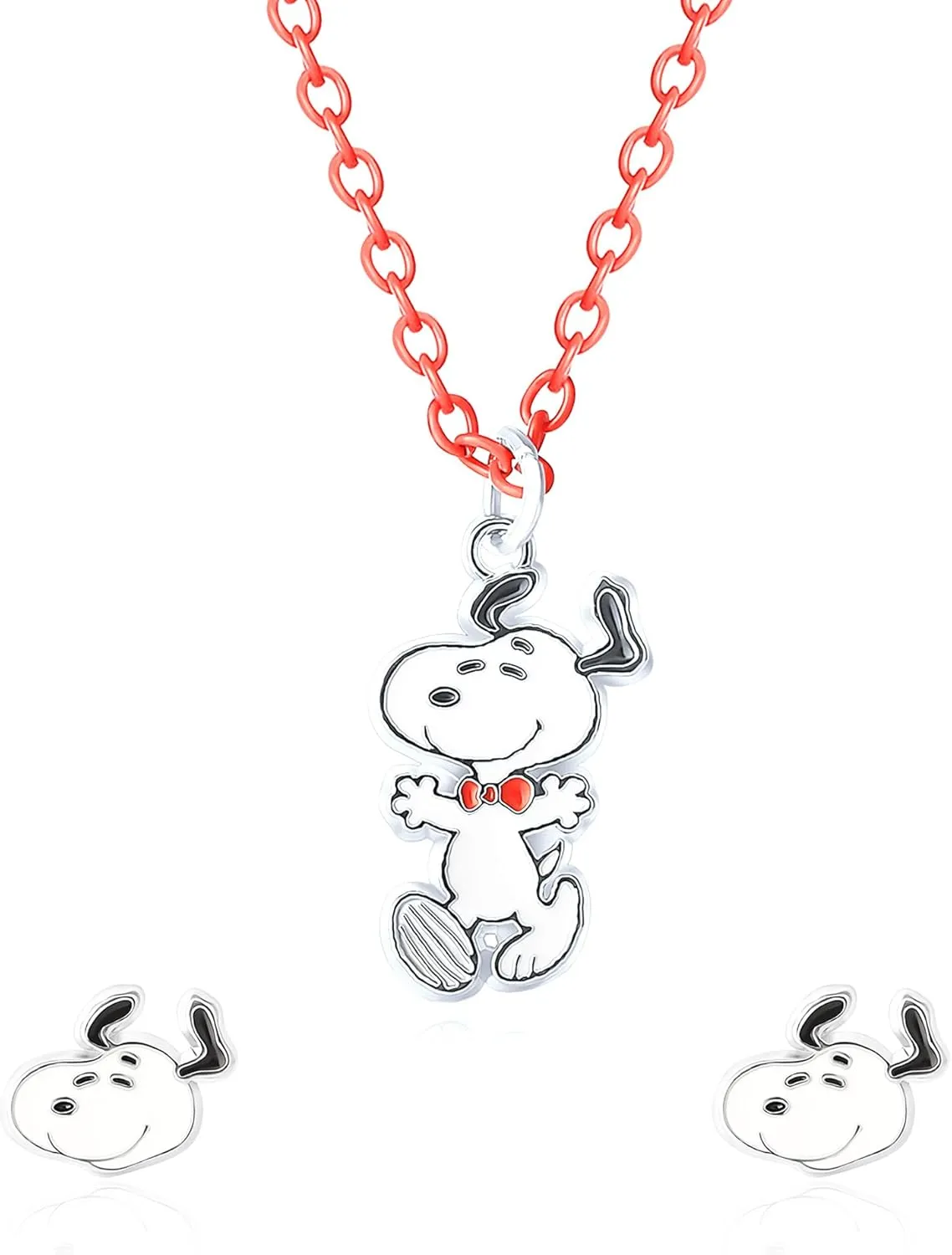 PEANUTS Snoopy Necklace and Snoopy Stud Earrings Jewelry Set Official License, 16" 3" Necklace with Red Chain