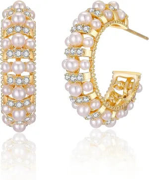 Pearl Hoop Earrings for Women 14K Gold Plated Small Lightweight Open Large Circle Round Freshwater Cultured Pearl Stud Earrings Jewelry Gift - AAA  Quality
