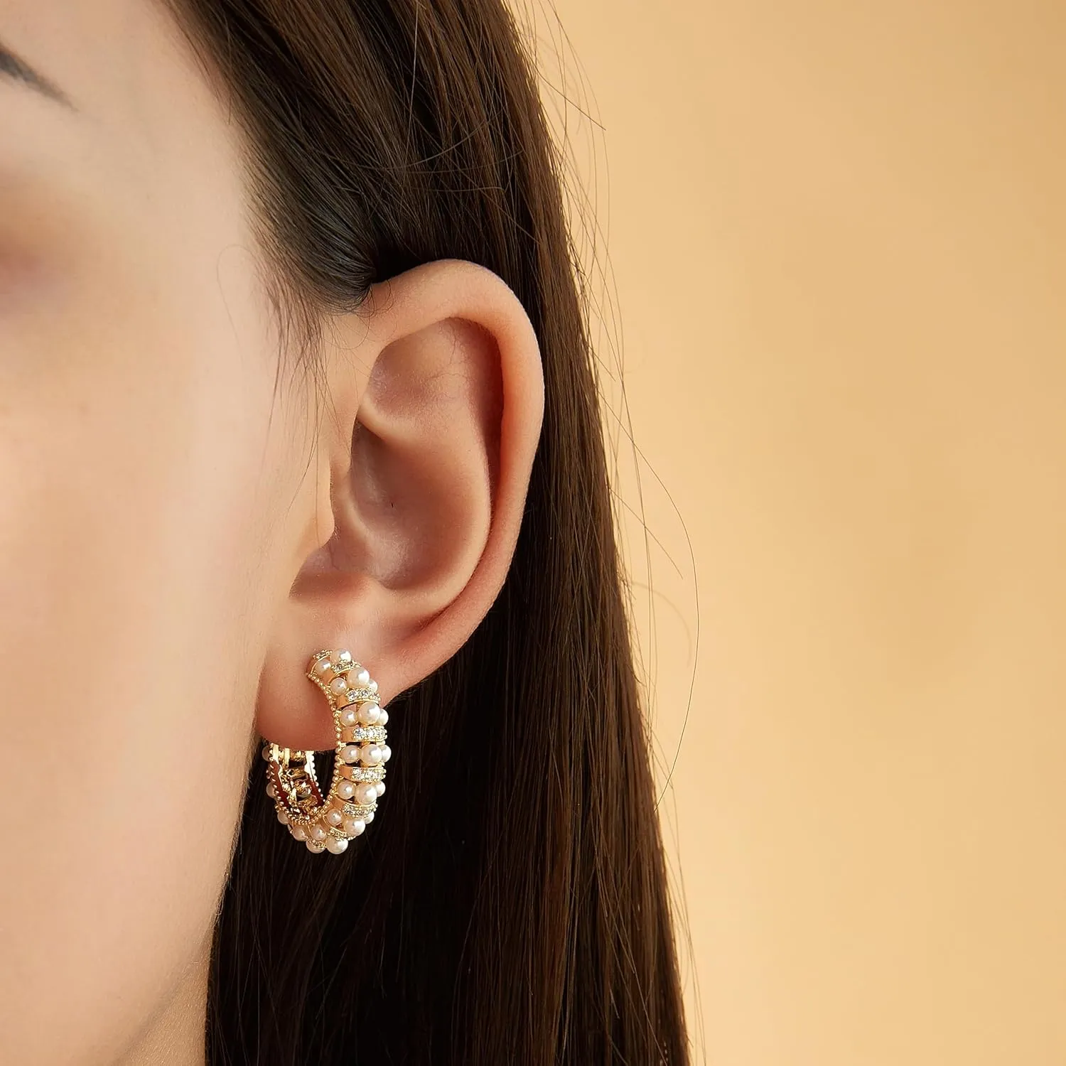 Pearl Hoop Earrings for Women 14K Gold Plated Small Lightweight Open Large Circle Round Freshwater Cultured Pearl Stud Earrings Jewelry Gift - AAA  Quality