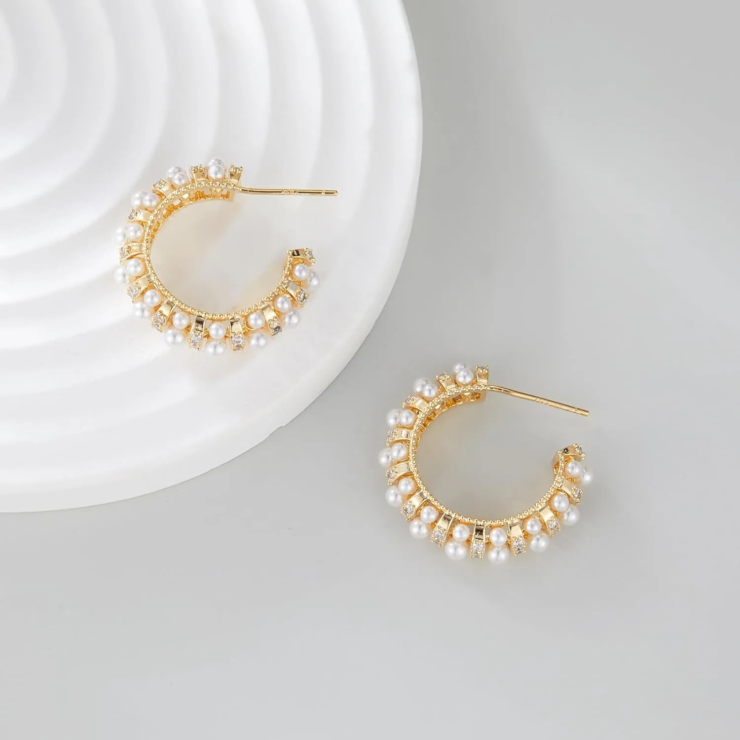Pearl Hoop Earrings for Women 14K Gold Plated Small Lightweight Open Large Circle Round Freshwater Cultured Pearl Stud Earrings Jewelry Gift - AAA  Quality
