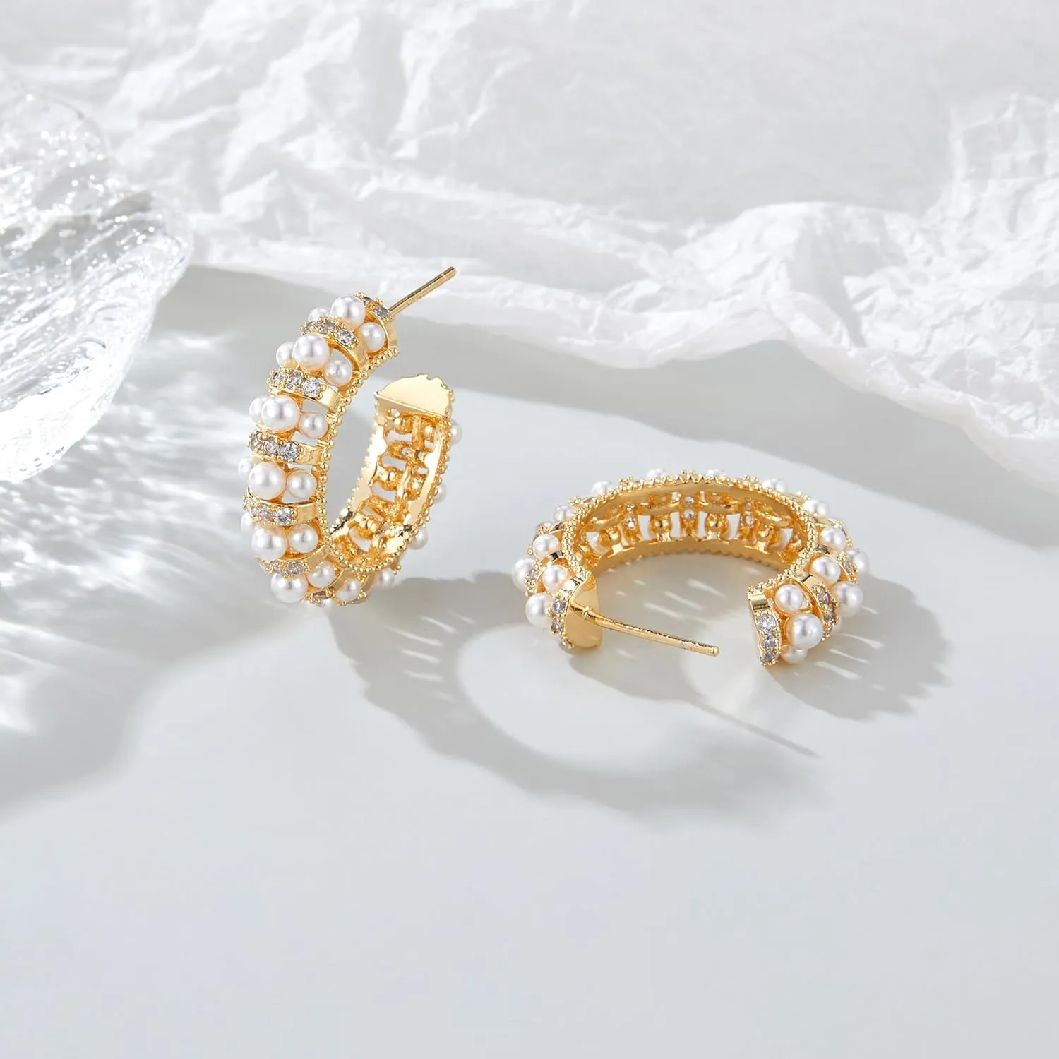 Pearl Hoop Earrings for Women 14K Gold Plated Small Lightweight Open Large Circle Round Freshwater Cultured Pearl Stud Earrings Jewelry Gift - AAA  Quality