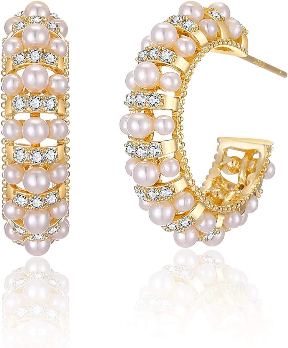 Pearl Hoop Earrings for Women 14K Gold Plated Small Lightweight Open Large Circle Round Freshwater Cultured Pearl Stud Earrings Jewelry Gift - AAA  Quality