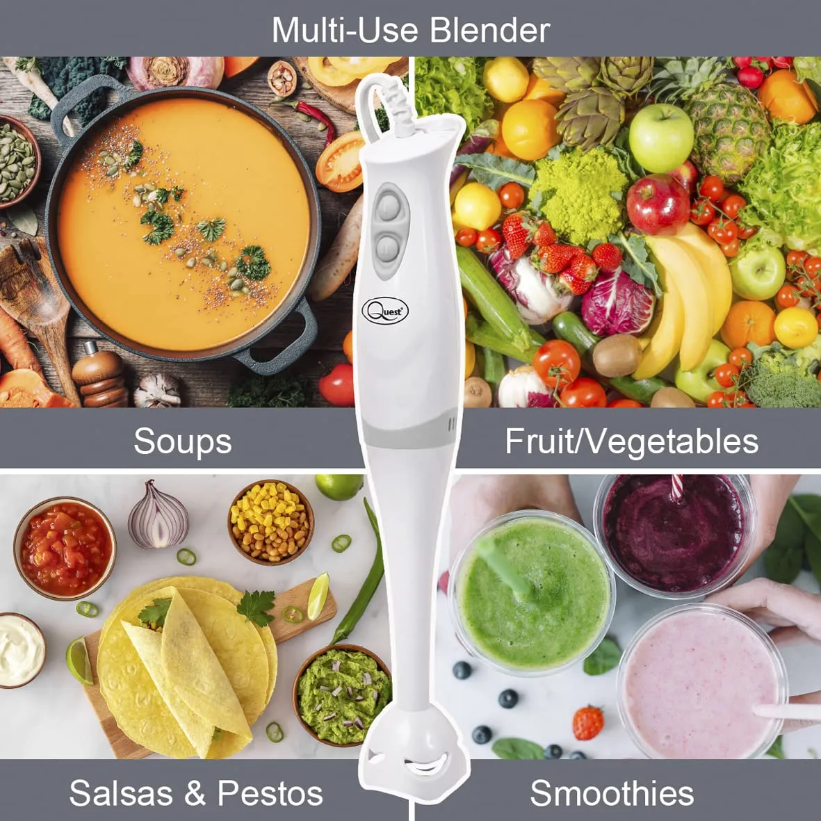 Quest 35090 Handheld Stick Blender / 2 Speed Settings / Detachable Easy Clean Stick / Ergonomic Grip / Hanging Loop for Storage / 200W / For Sauces, Smoothies, Soups & More