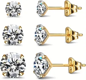Round Cubic Zirconia Stud Earrings Set, 18K Gold Plated and Silver Color, 3 Pairs
