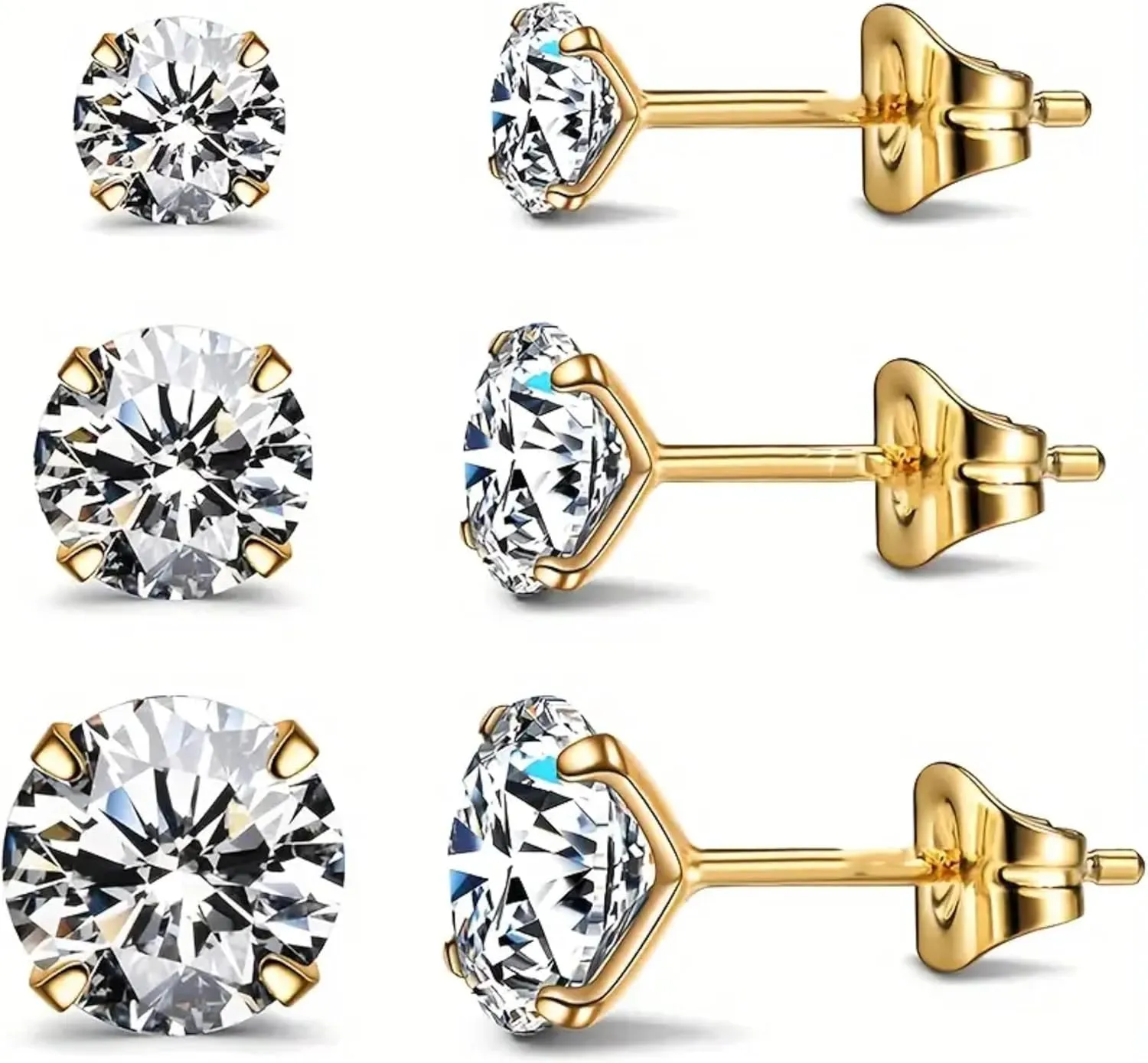 Round Cubic Zirconia Stud Earrings Set, 18K Gold Plated and Silver Color, 3 Pairs