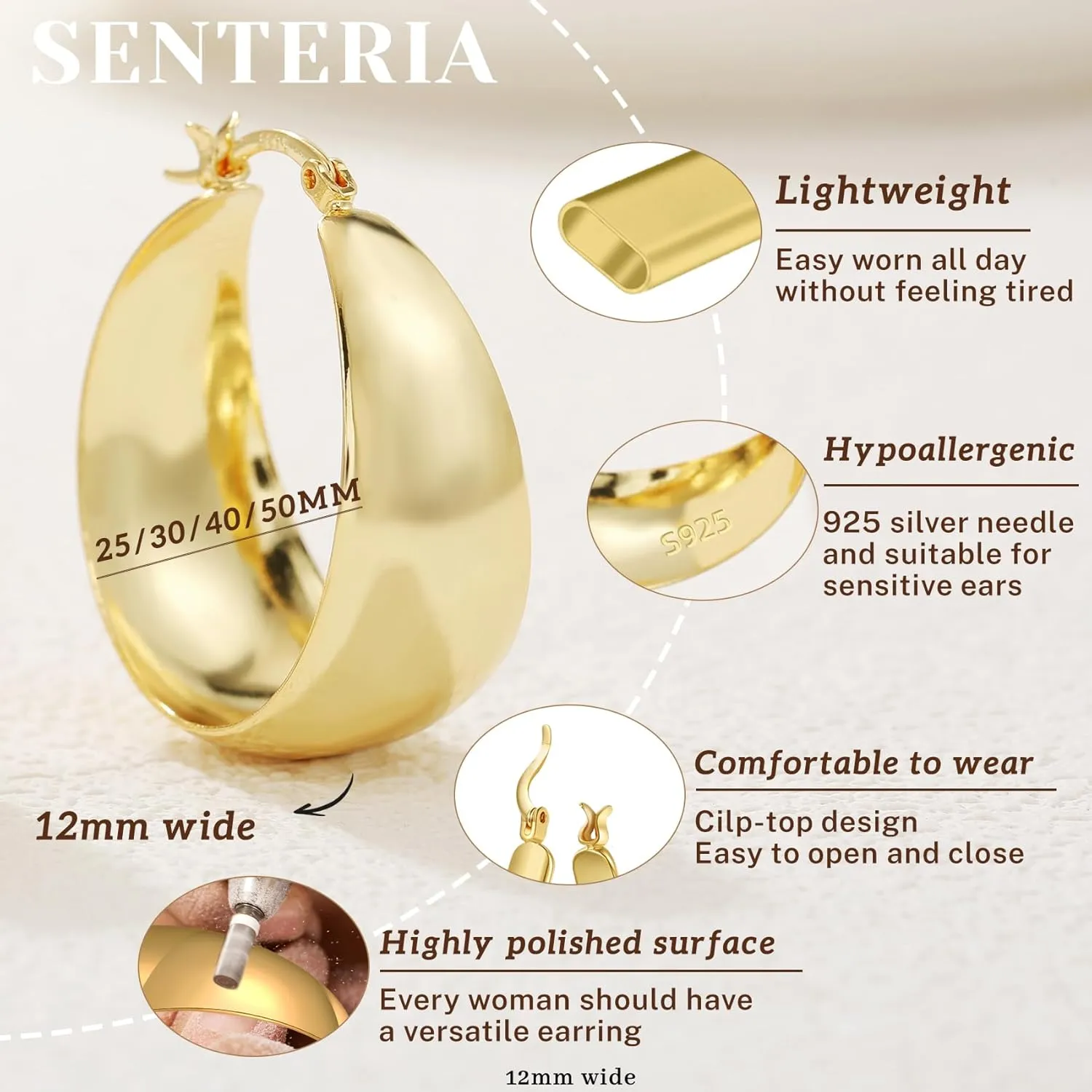 Senteria 12mm Wide Thick Hoop Earrings 925 Sterling Silver Hoop Earrings for Women Hypoallergenic 14K Real Gold Plated Hoops Large Earring Lightweight Chunky Hoops Earring for Women 25/30/40/50MM