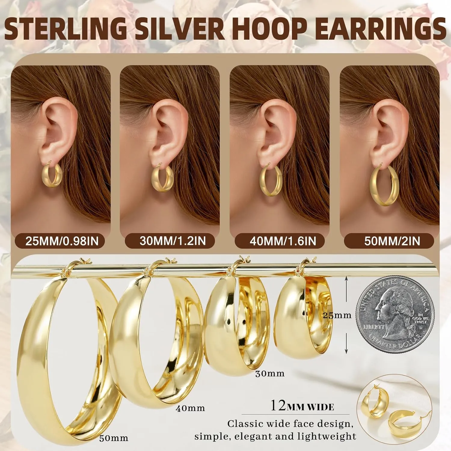 Senteria 12mm Wide Thick Hoop Earrings 925 Sterling Silver Hoop Earrings for Women Hypoallergenic 14K Real Gold Plated Hoops Large Earring Lightweight Chunky Hoops Earring for Women 25/30/40/50MM