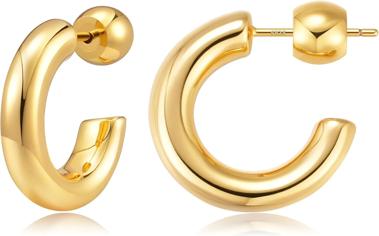 SHOWNII Gold Hoop Earrings for Women Thick Gold Chunky Earrings 18K Real Gold Plated Hoops Tube Hoops Earrings Hypoallergenic Lightweight with 925 Sterling Silver Post