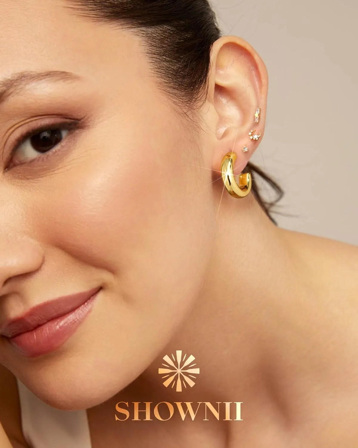 SHOWNII Gold Hoop Earrings for Women Thick Gold Chunky Earrings 18K Real Gold Plated Hoops Tube Hoops Earrings Hypoallergenic Lightweight with 925 Sterling Silver Post