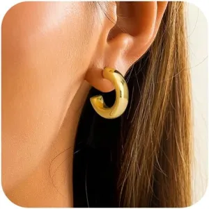 SHOWNII Gold Hoop Earrings for Women Thick Gold Chunky Earrings 18K Real Gold Plated Hoops Tube Hoops Earrings Hypoallergenic Lightweight with 925 Sterling Silver Post