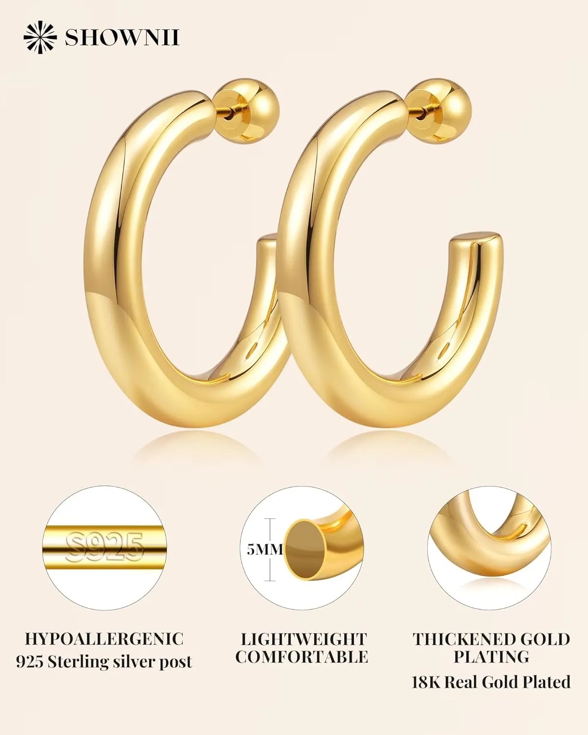 SHOWNII Gold Hoop Earrings for Women Thick Gold Chunky Earrings 18K Real Gold Plated Hoops Tube Hoops Earrings Hypoallergenic Lightweight with 925 Sterling Silver Post
