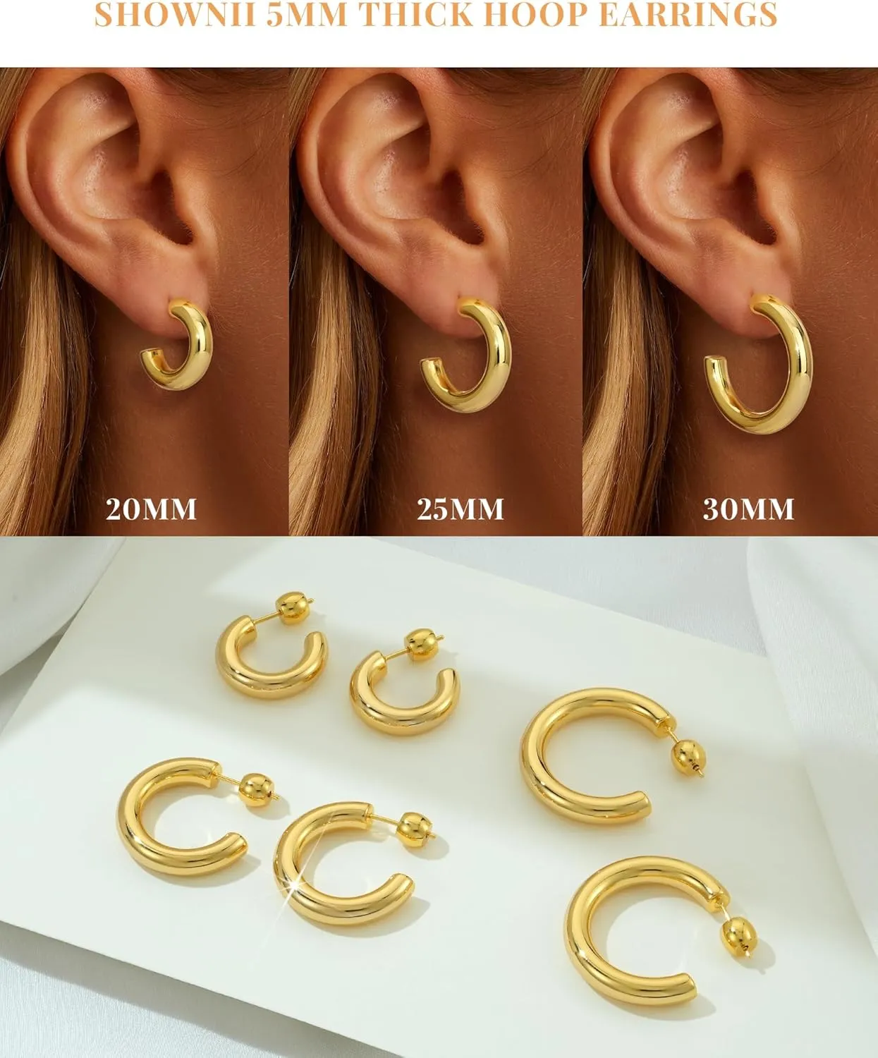 SHOWNII Gold Hoop Earrings for Women Thick Gold Chunky Earrings 18K Real Gold Plated Hoops Tube Hoops Earrings Hypoallergenic Lightweight with 925 Sterling Silver Post