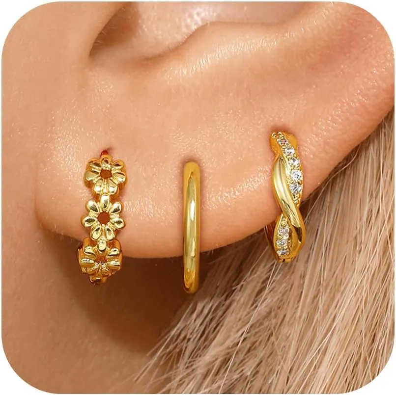 Small Hoop Earrings Set for Women, 14K Gold Plated Chunky Ball Cubic Zirconia Earrings with S925 Sterling Silver Post, Hypoallergenic Huggie Hoop Earrings Jewelry Trendy 2025