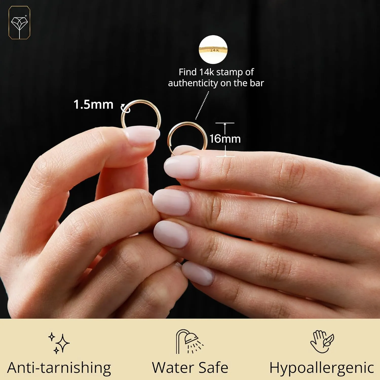 Solid 14k Gold Hoop Earrings for Women | 1.5mm Tube Yellow Gold Hoop Earrings 14k Real Gold | Flex Continuous Hoop Gold Earrings