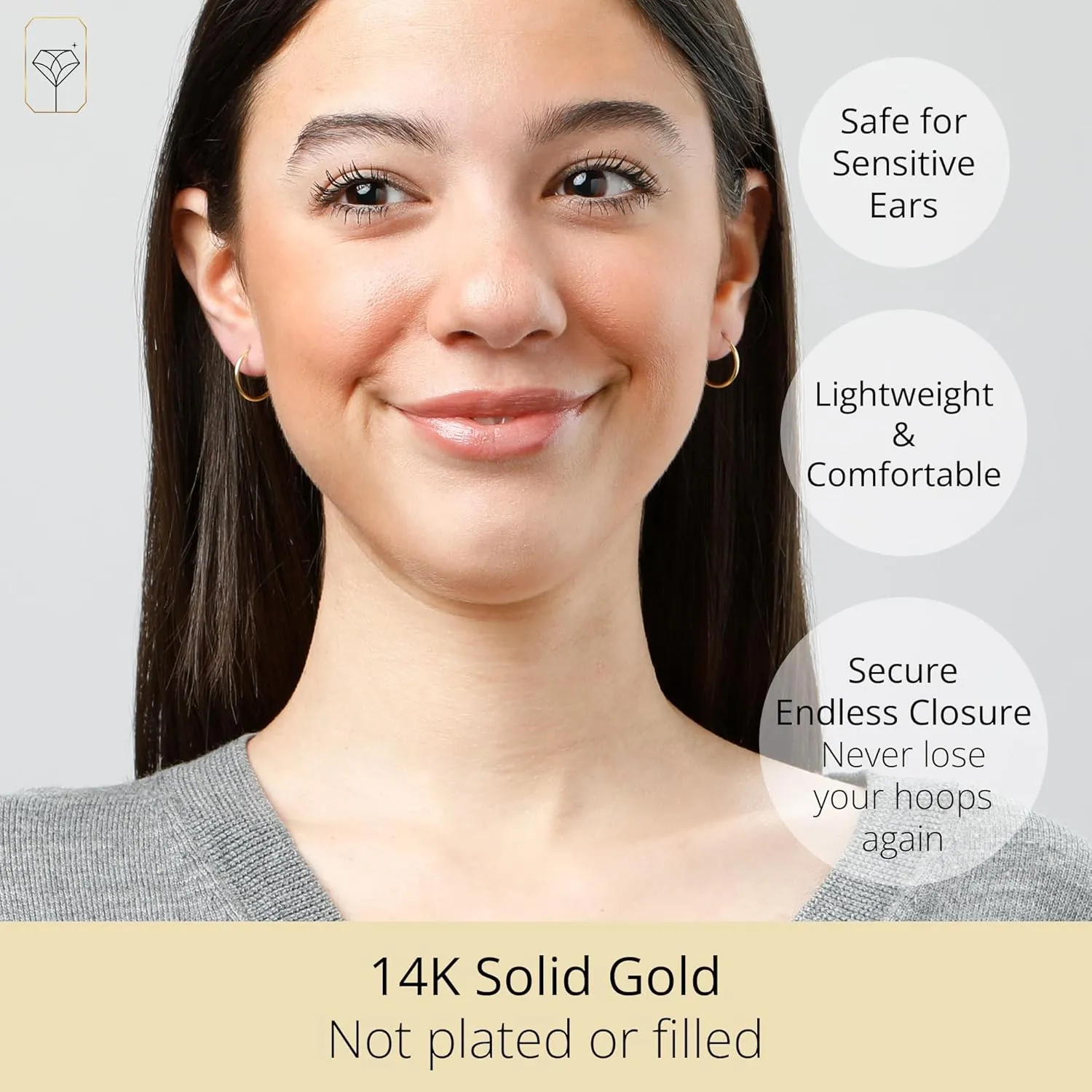 Solid 14k Gold Hoop Earrings for Women | 1.5mm Tube Yellow Gold Hoop Earrings 14k Real Gold | Flex Continuous Hoop Gold Earrings