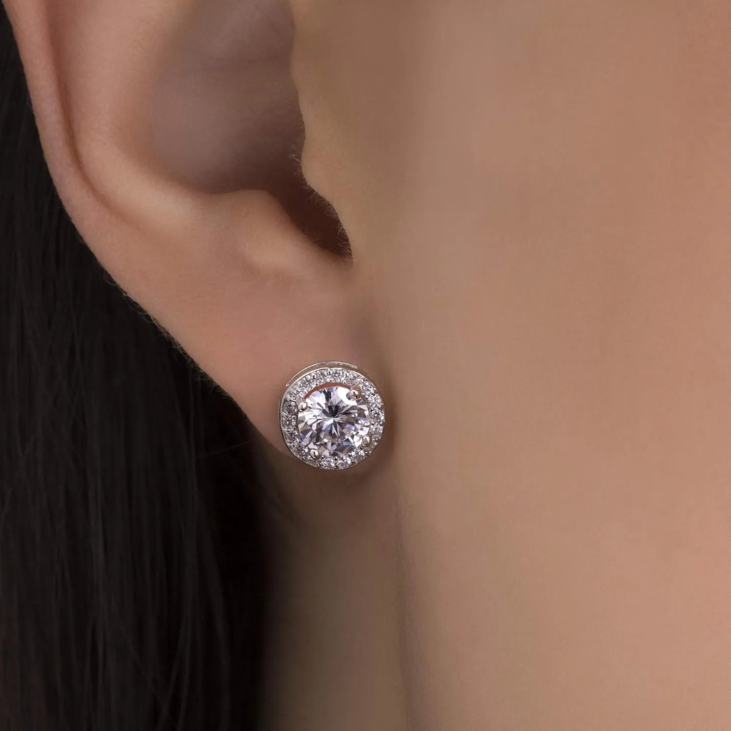Sterling Silver Cubic Zirconia Halo Stud Earrings for Women