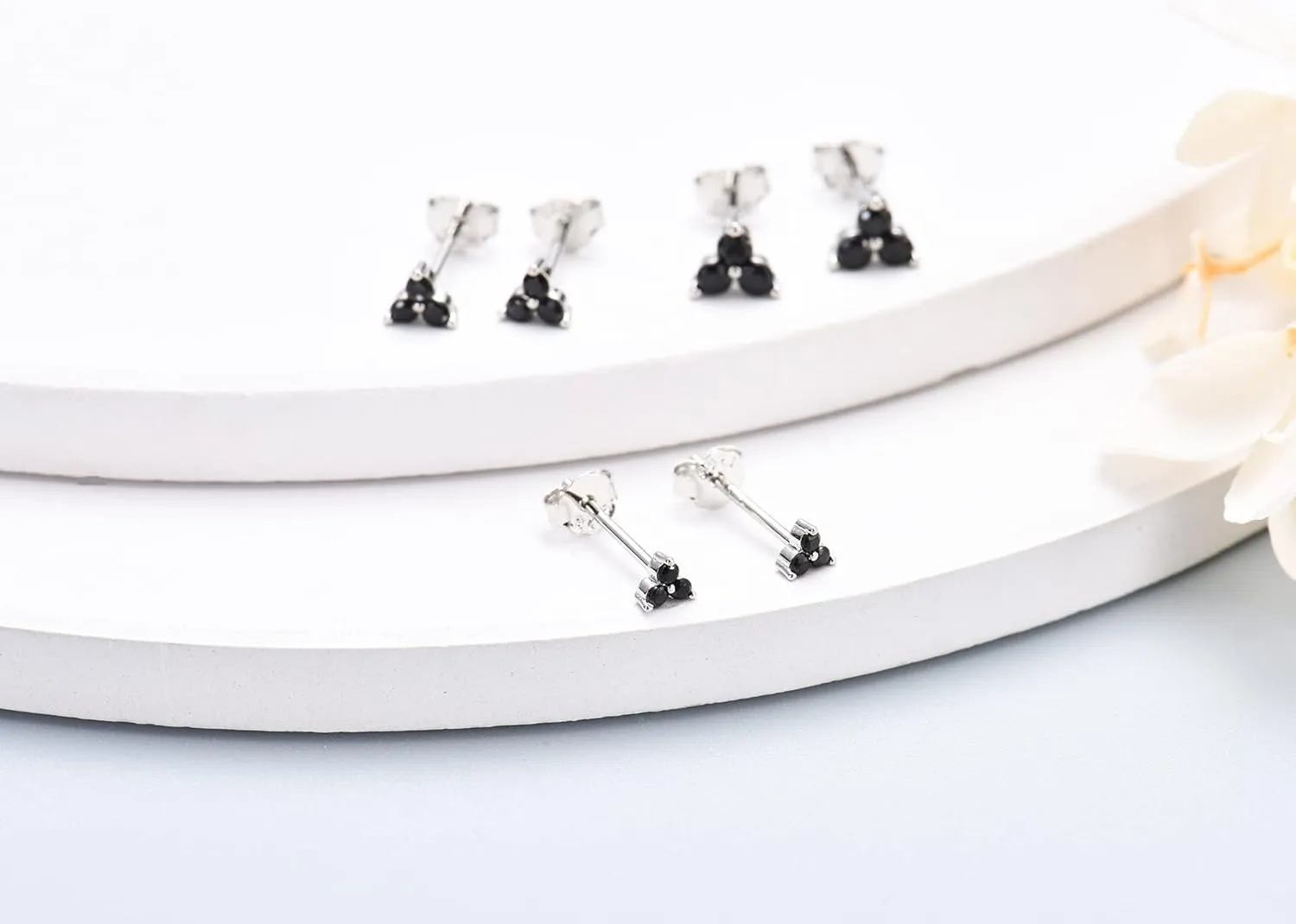 Sterling Silver Stud Earrings for Women- 3 Pairs Hypoallergenic White Gold Plated Small Cubic Zirconia Flower Cartilage Earring Set (3mm/4mm/5mm)